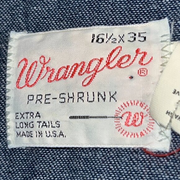 VINTAGE 60s WRANGLER PRE-SHRUNK PEARL SNAP EX LONG TAILS DENIM SHIRT 16.5" X 35" - Picture 12 of 15